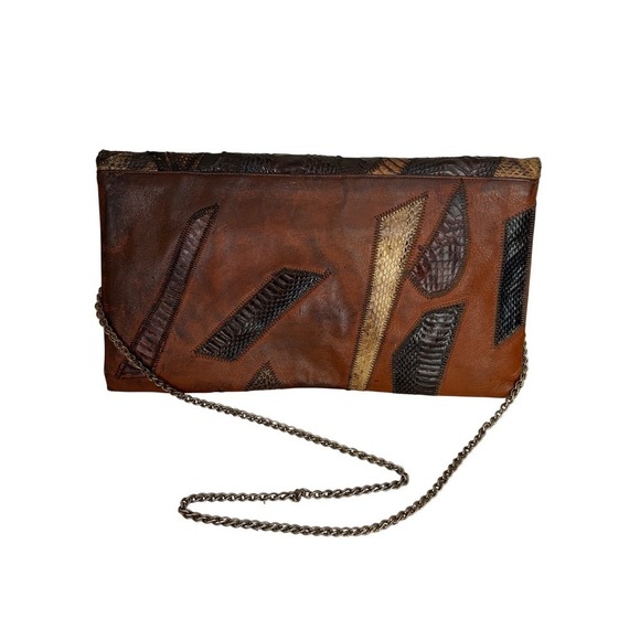 Boutique Handbags - Vintage Patchwork Snakeskin Leather Clutch Brown Exotic Skin Chain Shoulder Bag